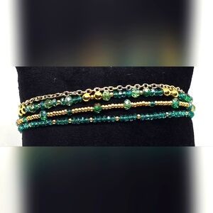 Four Strand Green AB Crystal and Gold Beaded Bracelet